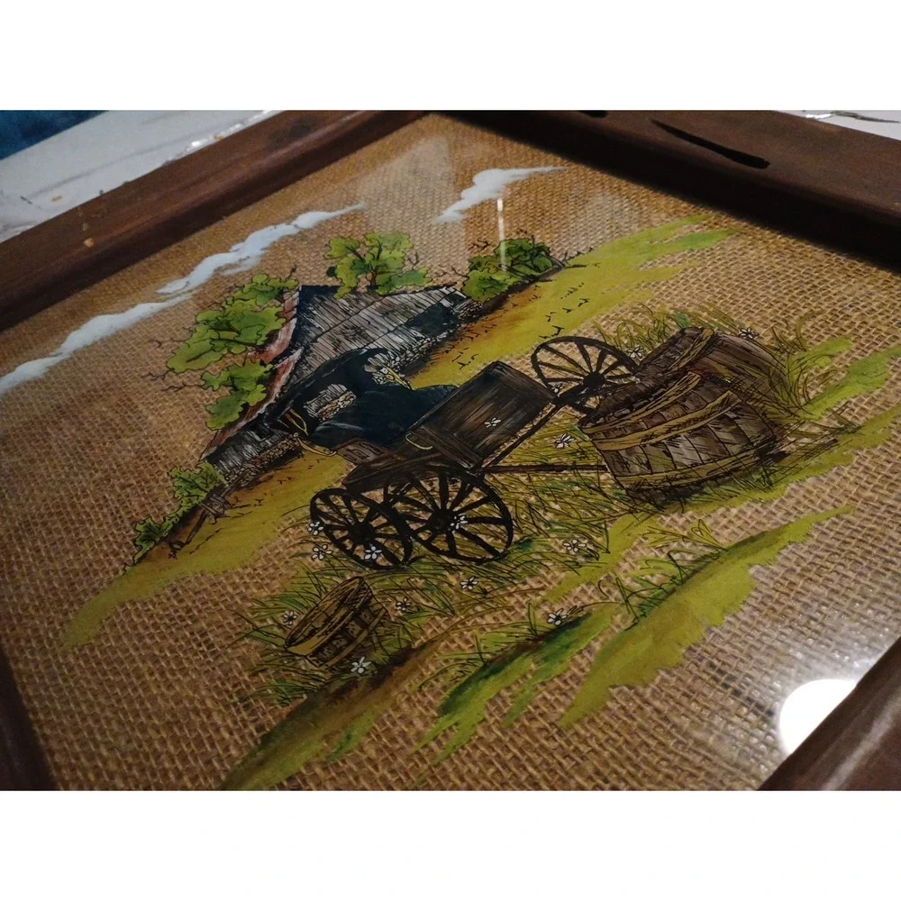Vintage Rustic Hand Painted 1987 Folk Art with Old Wood Frame‎ Wall Hanging